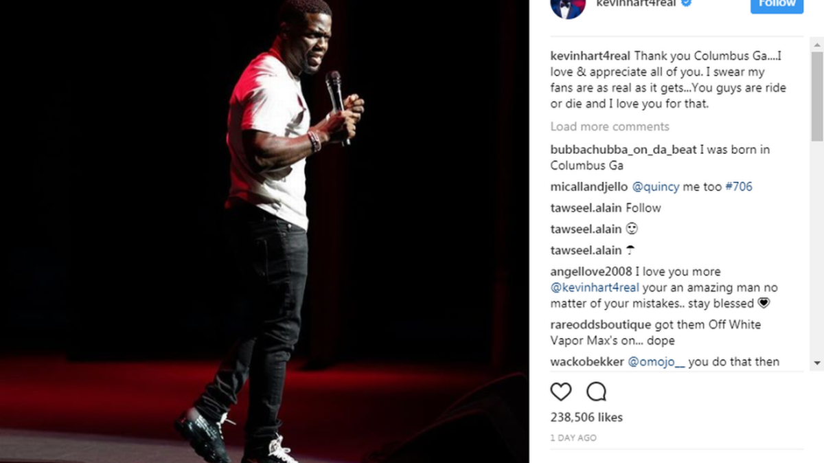Comedian Kevin Hart posted on his Instagram account Sunday thanking fans in Columbus for supporting him during a cheating and extortion scandal.