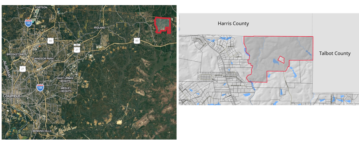 Project Ruby location in Muscogee County and approximation next to Talbot and Harris County
