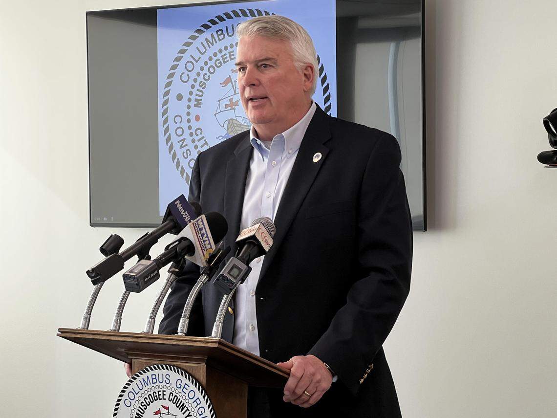 During a Dec. 17, 2025, news conference in Columbus City Hall, Mayor Skip Henderson provides an update on the city manager search and responds to criticism from city councilors objecting to his pausing the search.
