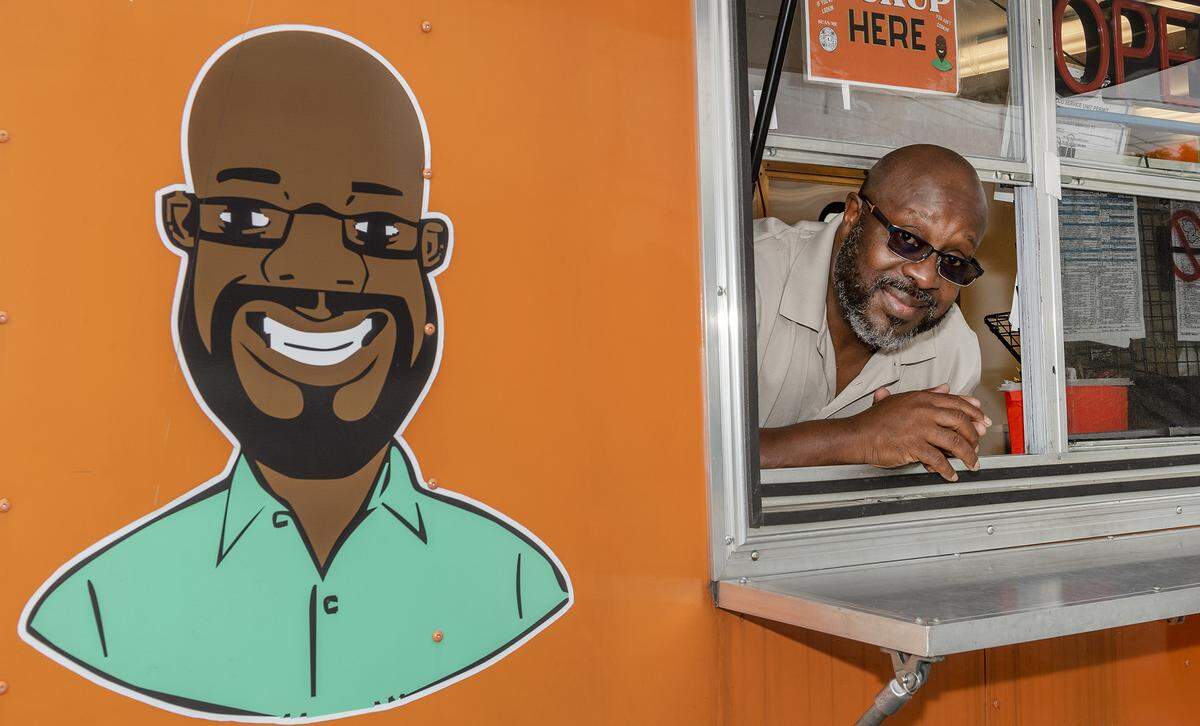 Prathan Powell in his Emeralds Touch Barbecue trailer, May 20, 2022