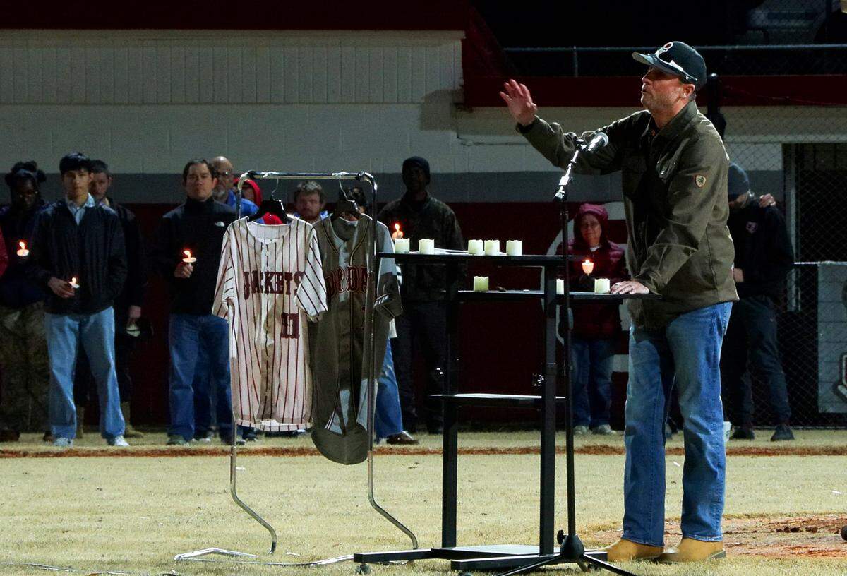 John Dimitri speaks during a Jan. 29, 2026, program at Jordan Vocational High School honoring the life of his twin brother, Tony Dimitri, a former Jordan head baseball coach and co-athletics director who was the head baseball coach at Harris County High School when he died in an ATV accident Jan. 24.