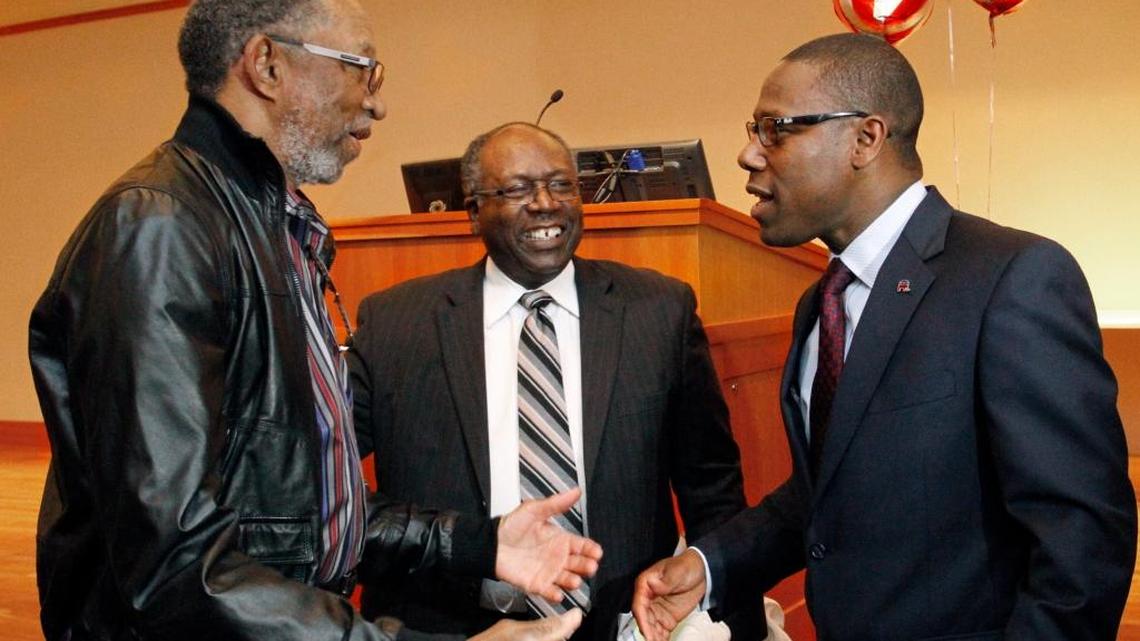 In this March 12, 2014, file photo, Columbus attorney Stacey Jackson, right, and his father Arnold Jackson, center, greet Bob Wright after the younger Jackson’s campaign announcement to run for the District 137 seat in the Georgia House of Representatives. On Friday, Stacey Jackson wouldn’t say if he’s supporting Donald Trump, but he remains supportive of the Republican Party. Other black republicans are concerned about the party under Trump’s leadership.