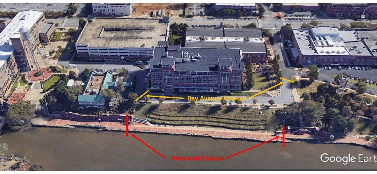 Portions of the Columbus Riverwalk and Bay Avenue near the Synovus Center will be close as the city works on a $3.3 million project to address erosion and adding new seating on the Columbus Riverwalk.