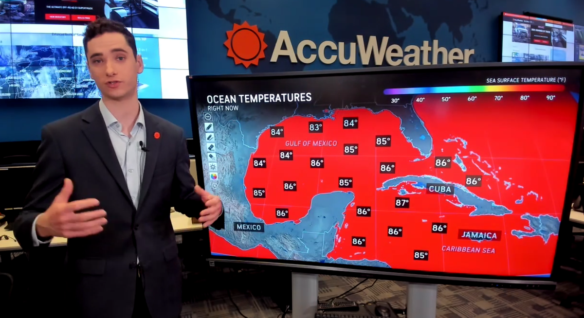 Lead Hurricane Expert for AccuWeather, Alex DaSilva, explains to the media during a Monday briefing the above-normal water temperatures where the tropical system is developing in the Caribbean Sea. Temperatures are three degrees above normal.