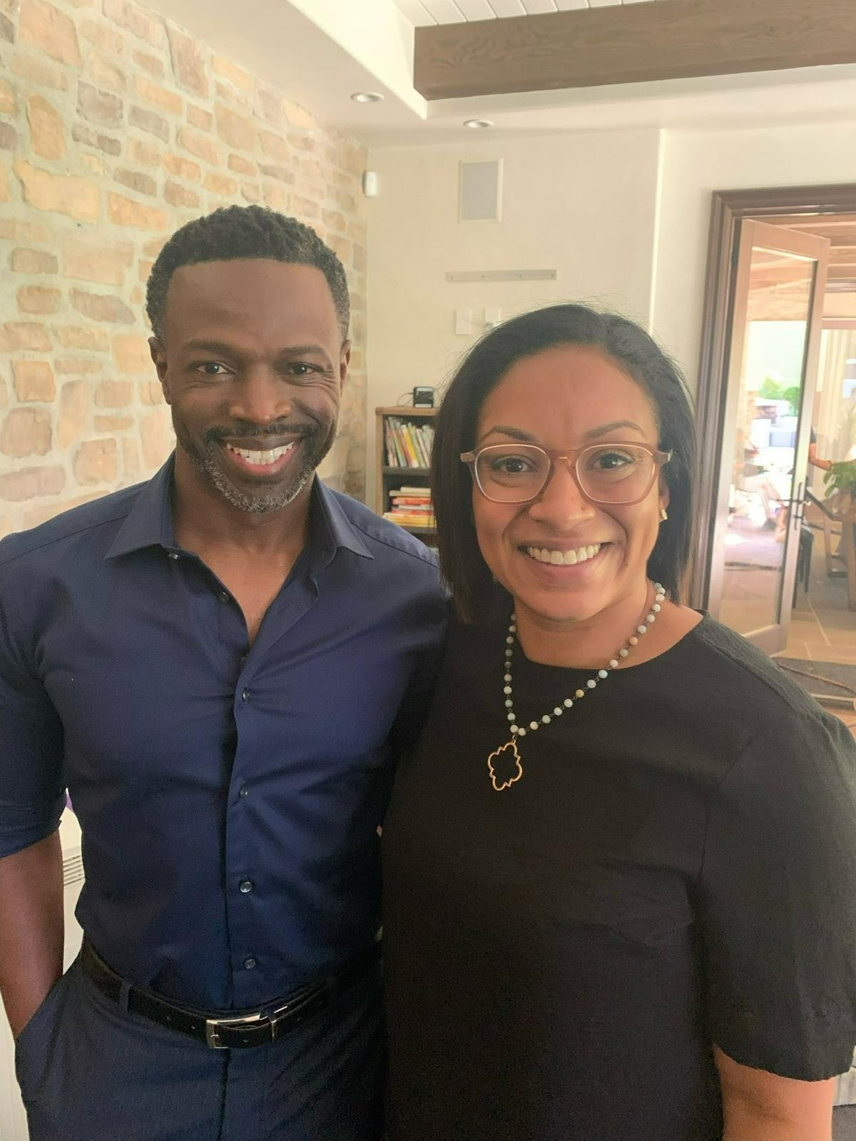Natalia Temesgen, a Columbus State University associate professor of English, poses with actor Sean Patrick Thomas on the set of the Hulu TV series “Reasonable Doubt” in May 2022 in Los Angeles. She is one of two executive story editors and among eight writers for the show.