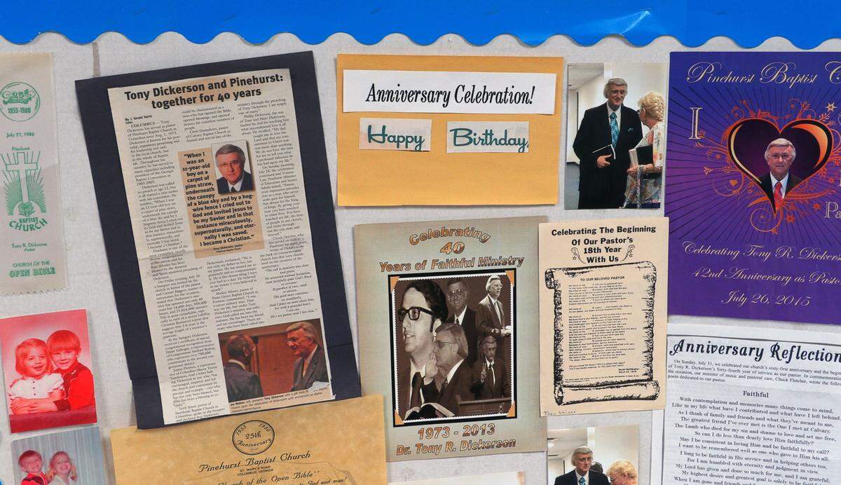 A display in the hallway celebrates the lengthy tenure of Pastor Tony Dickerson at Pinehurst Baptist Church in Columbus, Georgia.