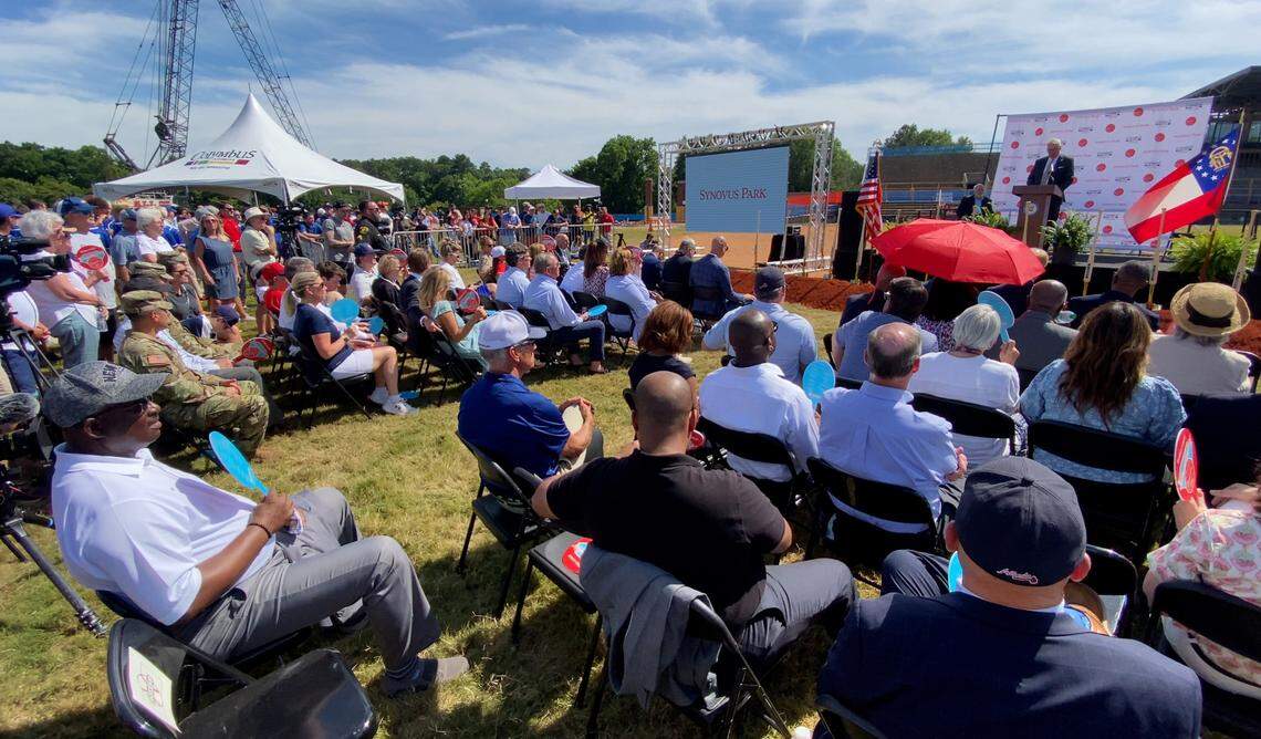 Columbus Mayor Skip Henderson speaks during a groundbreaking ceremony Tuesday afternoon at Golden park, now named Synovus Park, in Columbus, Georgia as part of the process of renovating the historic baseball park for the AA affiliate of the Atlanta Braves. 06/11/2024