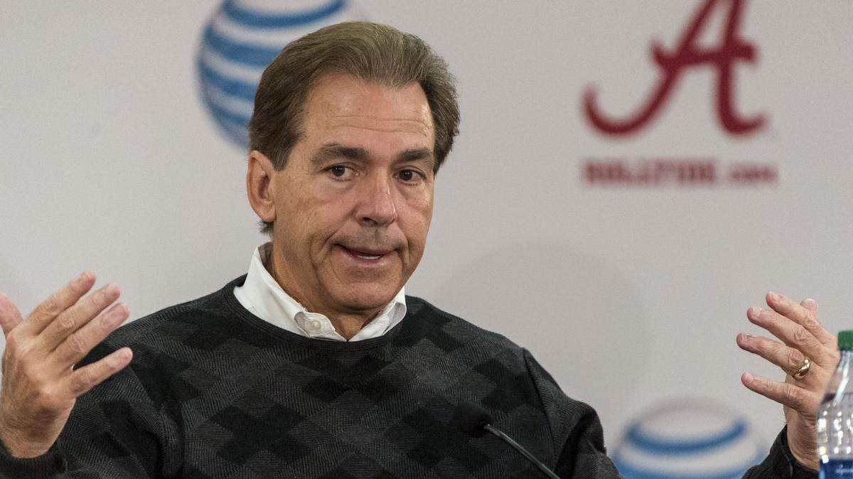 Alabama NCAA college football coach Nick Saban talks with the media about Saturday's Iron Bowl matchup with Auburn in his weekly press conference, Monday, Nov. 23, 2015, at Naylor-Stone Media Suite in Tuscaloosa, Ala. (Vasha Hunt/Alabama Media Group via AP)