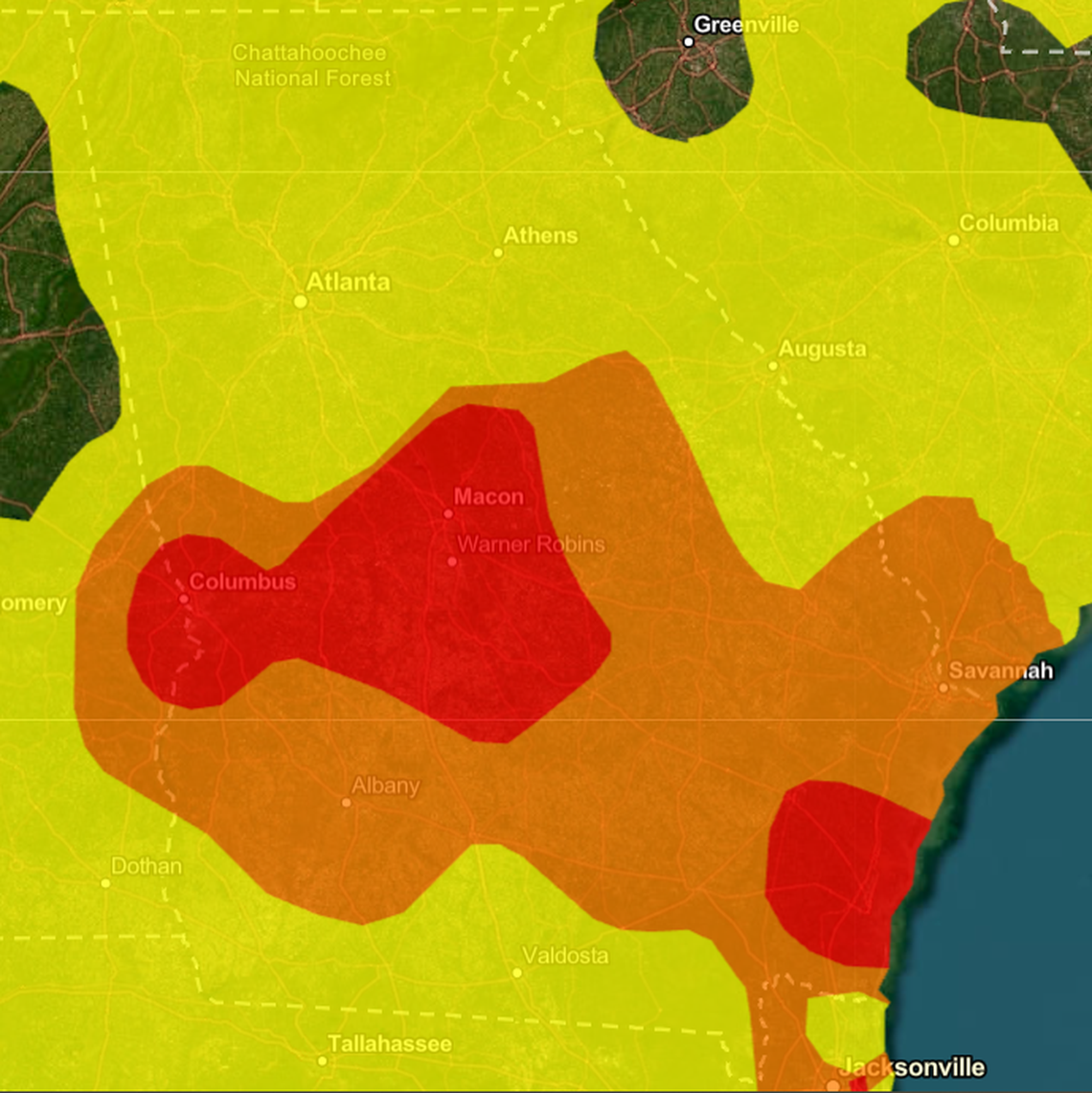 Fires from southern Georgia and northern Florida are causing very poor air quality across much of Georgia, including Columbus, Macon and Brunswick.