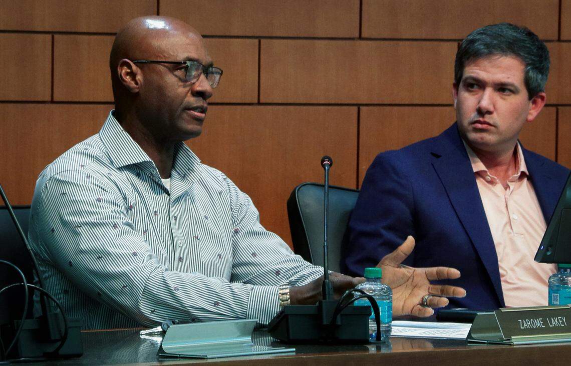 Columbus Planning and Advisory Commission member Zarome Lakey, left, makes a motion March 4, 2026, to table, or delay, a recommendation on the technology overlay ordinance for PAC members to receive further information about the proposed data center and its effects on the surrounding community. The reconsideration vote had not been scheduled as of publication.