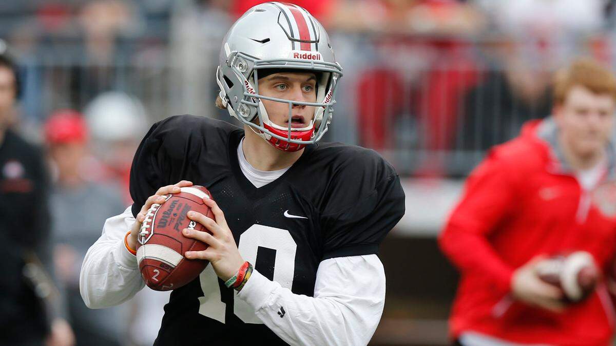 In this April 14, 2018, file photo, Ohio State quarterback Joe Burrow drops back to pass during an NCAA college spring football game in Columbus, Ohio