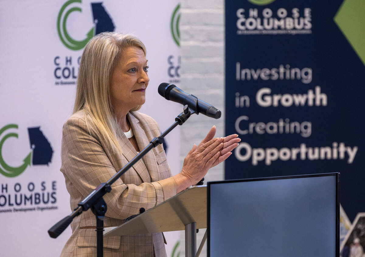 Missy Kendrick, president of Choose Columbus, speaks at a May 14, 2026, news conference in Columbus about plans for HK USA to expand its local footprint with a $13 million investment expected to create 35 jobs.