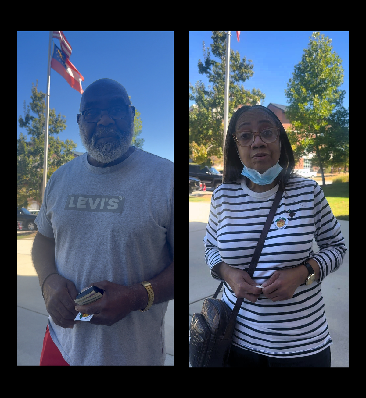 Residents Wesley Lee, left, and Beverly Davis, right, outside of the City Services Center on Oct. 14, discussing why they voted in the Public Service Commission special election.