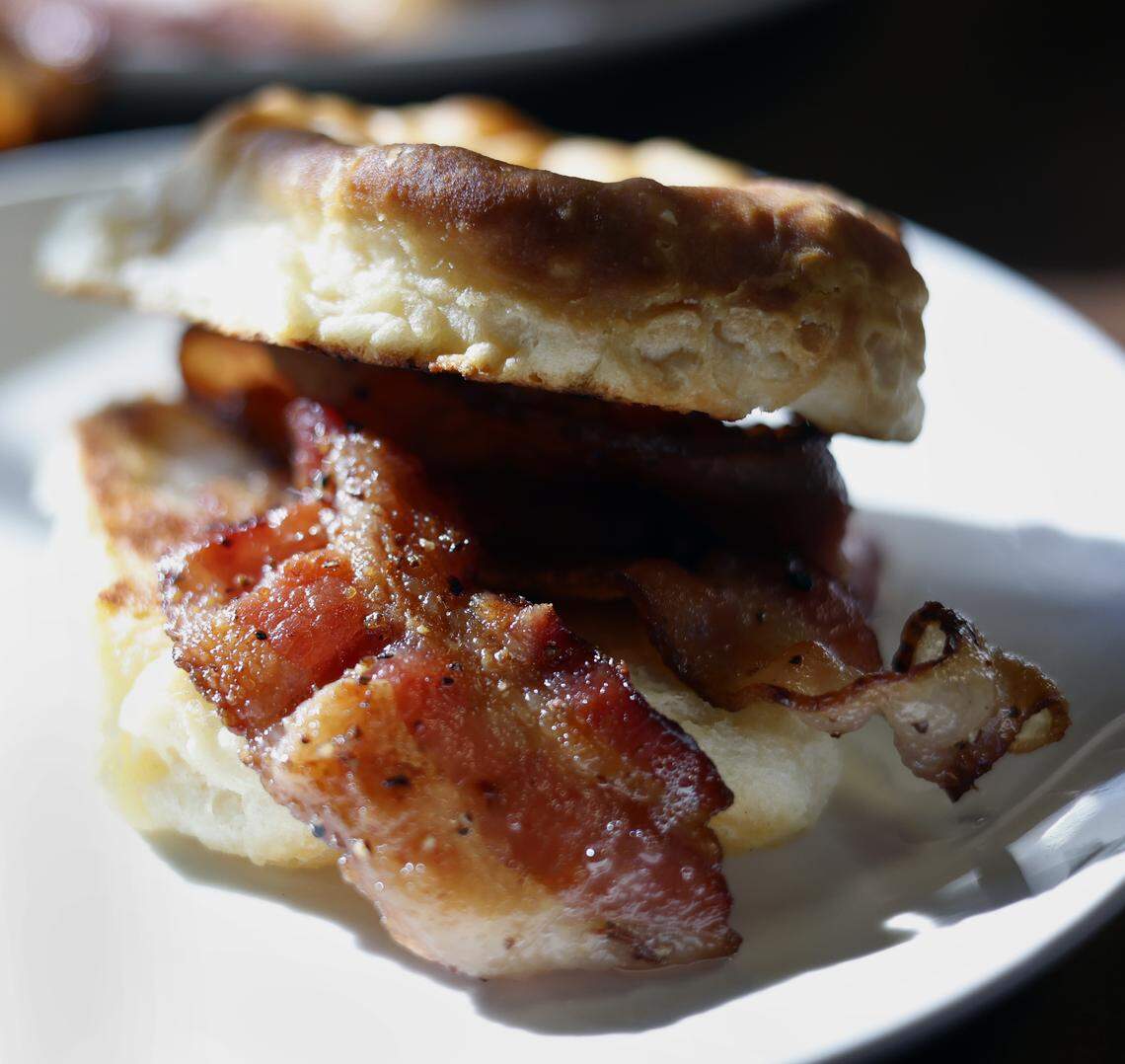 For this installment of "Columbus on a Budget" visual journalist Mike Haskey opted for a biscuitwith bacon for breakfast at Darby's Patrol Base in Columbus, Georgia. 08/15/2025