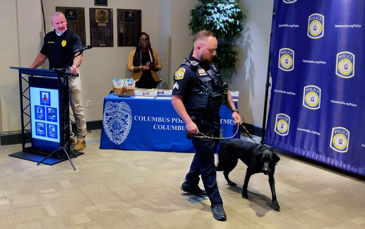 The Columbus Police Department also announced the moving of its narcotics dog named Frog, a black Labrador Retriever, to its new role as a mental health dog. 08/25/2025