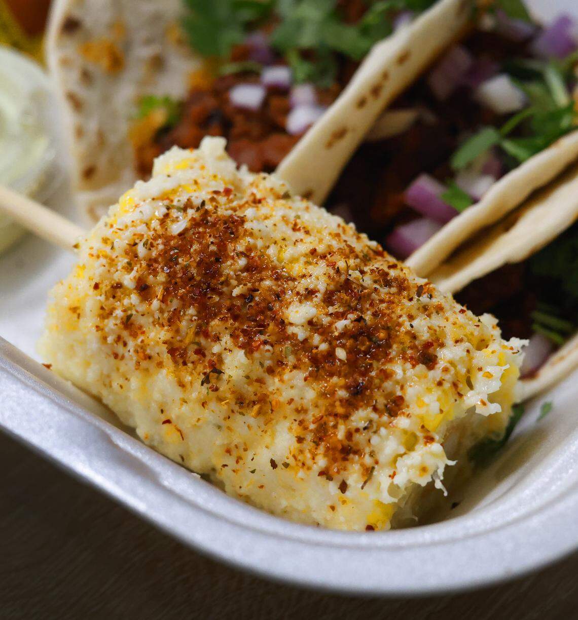 This is the Mexican street corn that comes with a combo meal at La’ Sammich, 4820 Armour Road in Columbus, pictured Sept. 12, 2025.