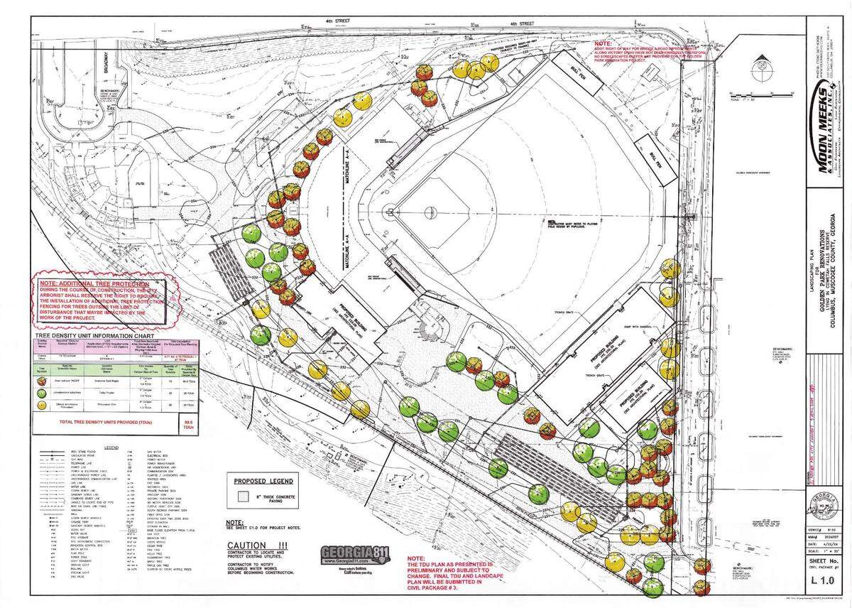 Golden Park approved tree plan shows 73 new trees and 89.5 tree density units TDU satisfying the minimum requirement by the tree ordinance.