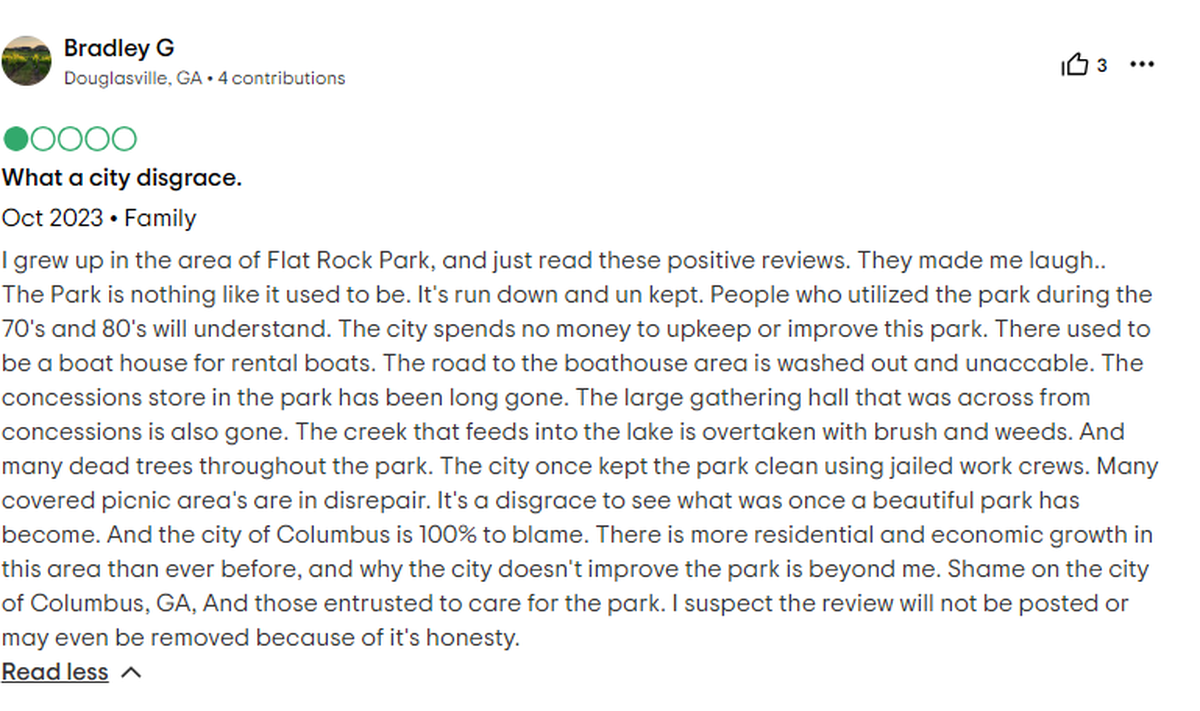Bradley G. wrote a negative review of Flat Rock Park in October 2023 and blames the city for the lack of upkeep.