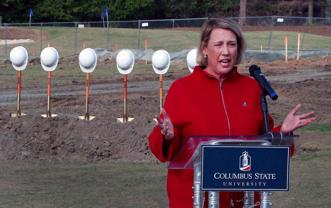 Columbus State University president Stuart Rayfield speaks during a ceremonial groundbreaking Jan. 8, 2026, to publicly launch a $3.2 million fundraising campaign for a new clubhouse at CSU’s Key Golf Studio.