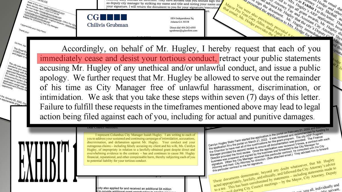 An attorney representing Columbus city manager Isaiah Hugley sent a ​cease-and-desist letter to six Columbus councilors who questioned Hugley’s ethics. In the letter, Atlanta-based attorney Scott Grubman, addressed Councilors Byron Hickey of District 1, Charmaine Crabb of District 5, Joanne Cogle of District 7, Glenn Davis of District 2, John Anker of District 9 and Toyia Tucker of District 4.