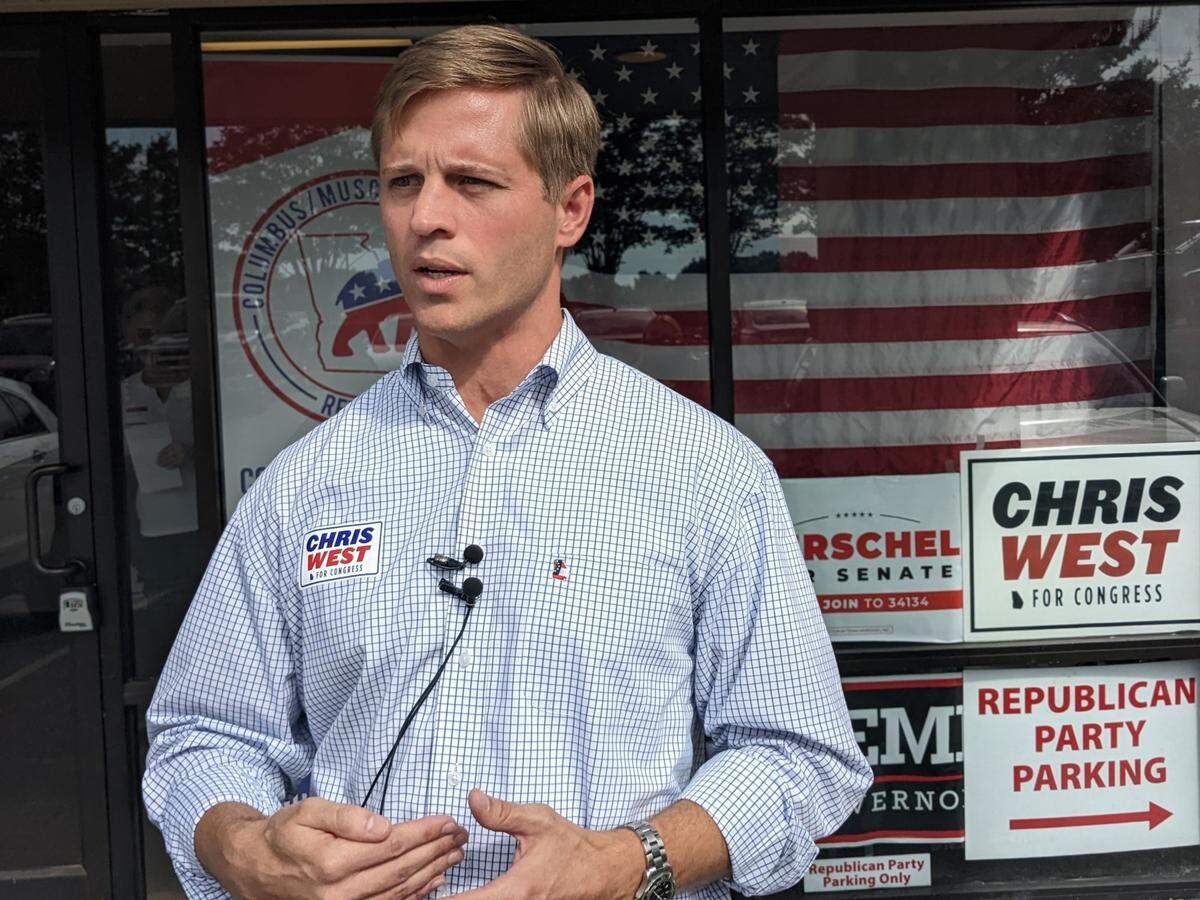 Chris West speaks with reporters in Columbus outside the new RNC field office. West is challenging Democrat Sanford Bishop in Georgia’s 2nd Congressional District.