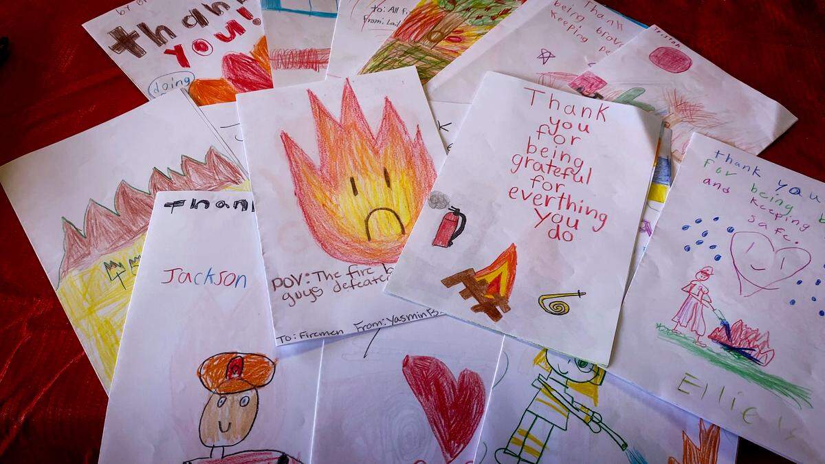 Harris County school children made these cards, pictured May 7, 2026, to thank volunteer firefights with Cataula Fire-Rescue for their roles in assisting with the wildfire in Brantley County, Georgia.