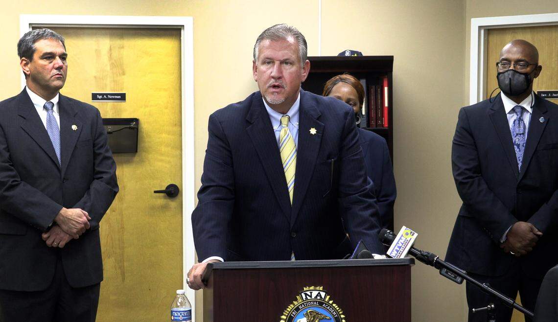 Russell County Sheriff Heath Taylor, center outlines the charges against Kristy Siple, 35, also known as Kristy Hoskins, during a Wednesday morning press conference at the Russell County Sheriff’s Office. Joining Taylor at the press conference are, from left, Russell County Chief Assistant District Attorney Rick Chancey, Joyce Dent-Fitpatrick, assistant police chief at the Columbus Police Department, and Columbus Police Chief Freddie Blackmon. 12/29/2021