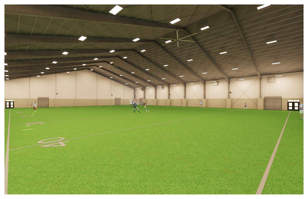 This rendering shows the interior of what the Harris County School District’s indoor practice facility is designed to look like when construction is completed behind Harris County High School.