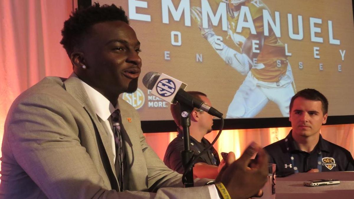 Tennessee defensive back Emmanuel Moseley speaks to the media at SEC Media Days on July 10, 2017.