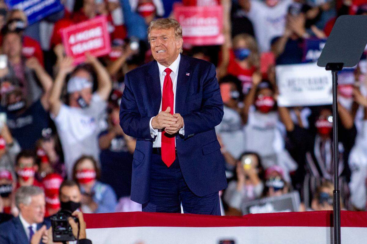President Donald Trump arrives to his Make America Great Again campaign rally cheer before his arrival at the Middle Georgia Regional Airport in Macon on Oct. 16, 2020.