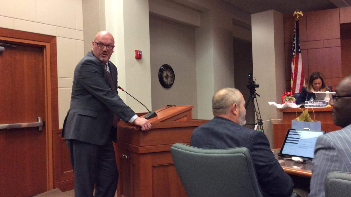 Greg Arp turns to thank his wife for encouraging him to apply for the job of police chief for the Muscogee County School District. During the Muscogee County School Board’s monthly meeting Monday night, the board approved hiring Arp as the school district’s first police chief.