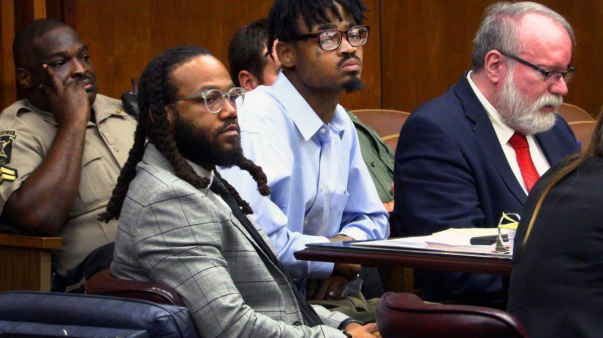 Ty’Shaun Quintavious Sylvester, second from right, and his attorneys William Kendrick, left, and Mark Shelnutt, listen to testimony Tuesday afternoon. 08/22/2023