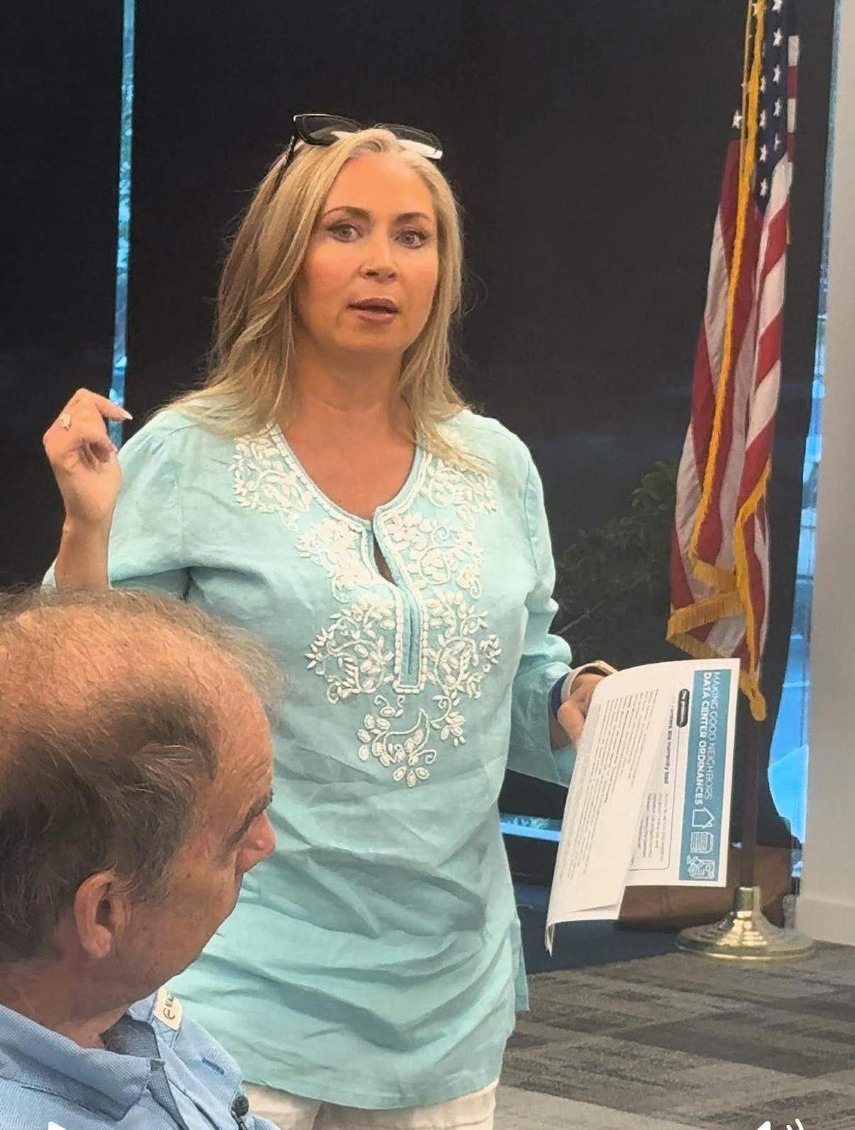 Cyndie Hutchings warns LaGrange residents that she moved from Fayette County because of data center development at Sept. 4 town hall.
