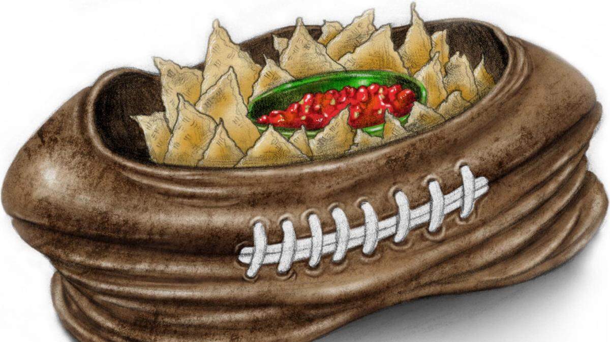 300 dpi Fred Matamoros color illustration of chips and salsa served in a deflated-football bowl. The News Tribune (Tacoma, Wash.) 2008 
 
 krtsuperbowl superbowl super bowl krtsuperbowl09 sports bars illustration chips salsa nachos snack food junk deflated football post season 10000000, 15000000, krtfeatures features, krtlifestyle lifestyle, krtnational national, krtsports sports, leisure, LIF, SPO, 10003000, FEA, gastronomy, krtfood food, LEI, 15003000, krtfootball football, krtussports, u.s. us united states, 2008, krt2008, krt, mctillustration, tc contributed coddington matamoros mct mct2008