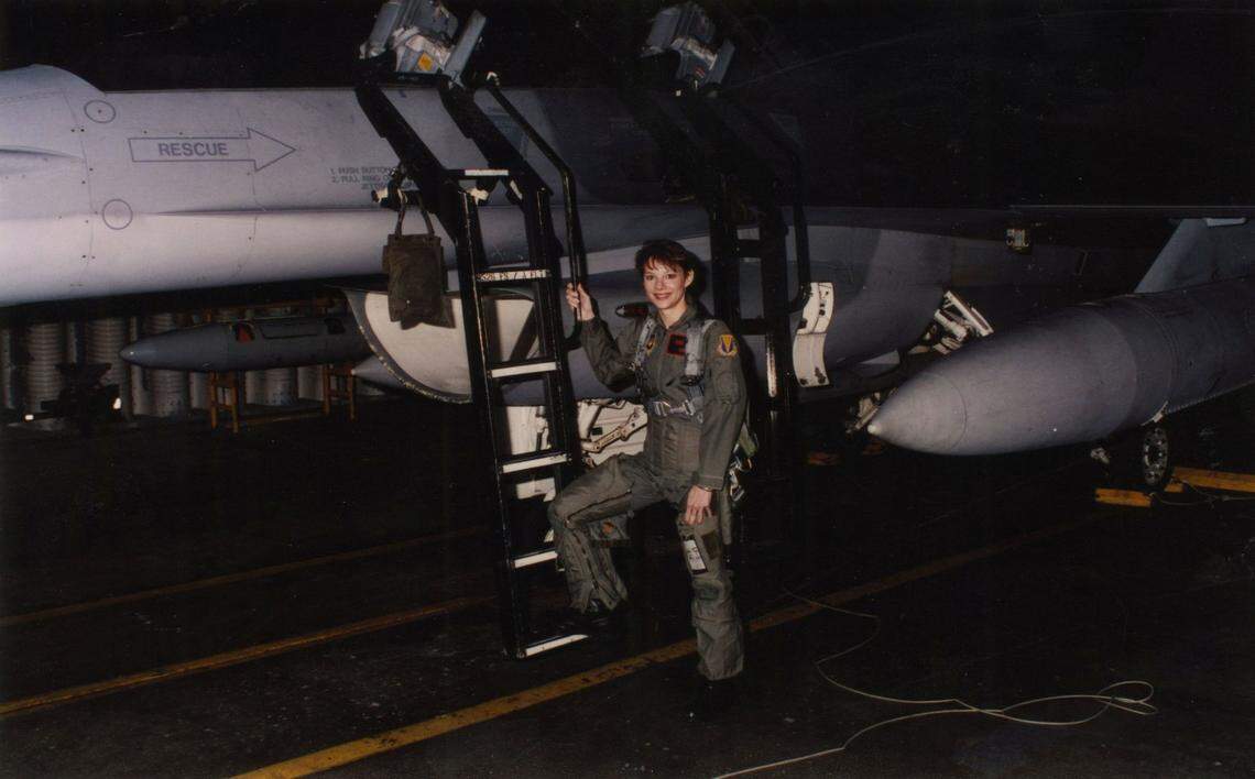 Sherri Goodman about to ride a F-16 at Ramstein Air Base in Rhineland-Palatinate, Germany, October 27, 1993