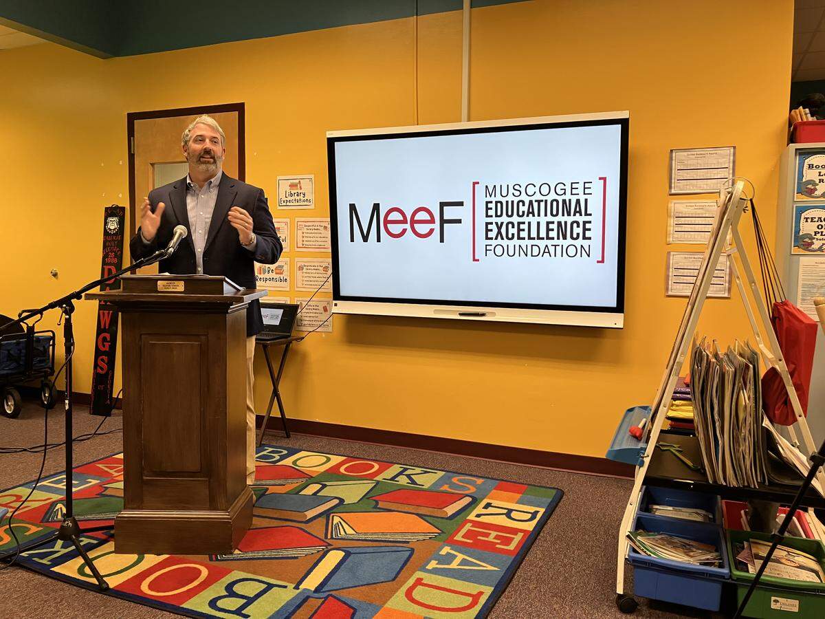 Muscogee Educational Excellence Foundation chairman Wes Kelley speaks during the Jan. 22, 2026, news conference at Martin Luther King Jr. Elementary School in Columbus, where MEEF announced the Buntin Schools of Excellence program.