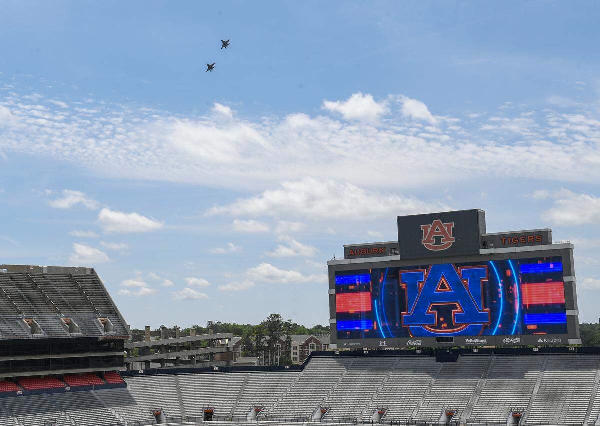 187th Fighter Squadron flyby thanking First Responders for their service on Tuesday, May 5, 2020 in Auburn, Ala. Todd Van Emst/AU Athletics