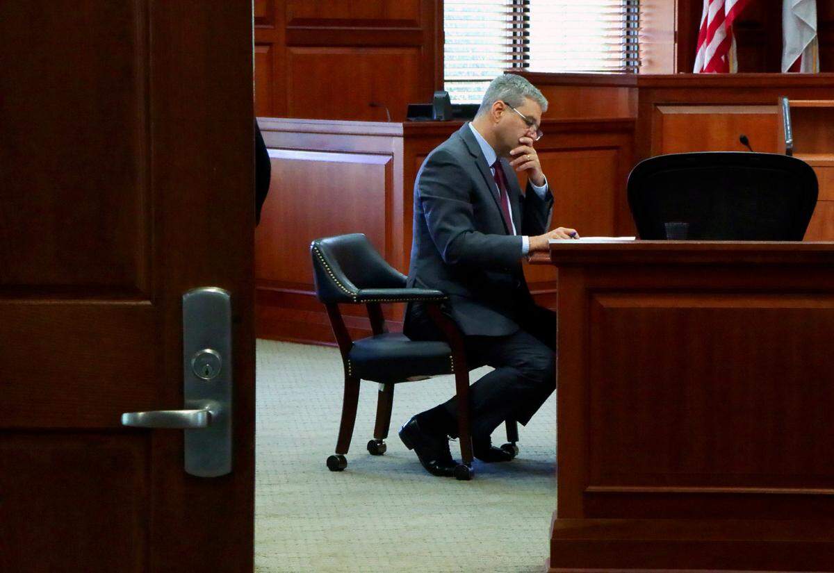 Russell County District Attorney Rick Chancey prepares for a May 23, 2025, hearing for Jeremy Williams at the Russell County Courthouse in Phenix City.