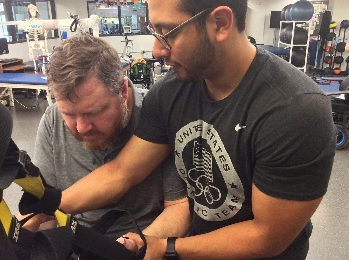 Columbus chef and restaurateur Mark Jones doing upper body workouts at the Shepherd Center in Atlanta May 29. It’s been more than a year since Jones was paralyzed in a car accident, and he hopes to soon be back in the kitchen soon.