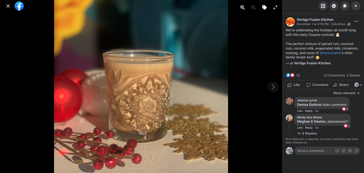 Many Columbus-area restaurants are offering special holiday-themed menu items this December. Vertigo Fusion Kitchen is one of them.