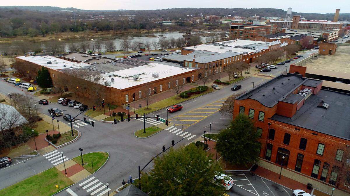 Downtown Columbus, Georgia overview photo taken January 10, 2020. This view looks Northwest to first the W.C. Bradley Co. offices and then the Chattahoochee River.