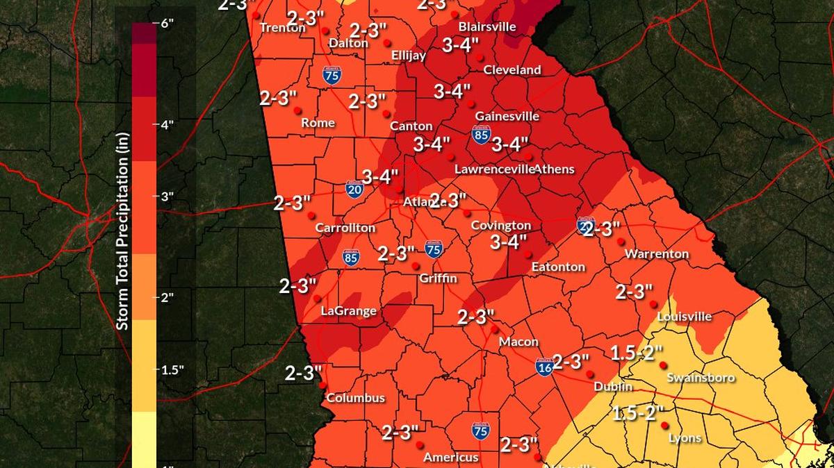A diagram from the National Weather Service of possible rainfall from a storm system expected to hit Georgia from Monday Jan. 8 through Tuesday Jan. 9.