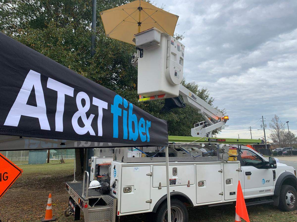 An AT&T Fiber awning set up outside the Frank D. Chester Recreation Center in Columbus, Ga.