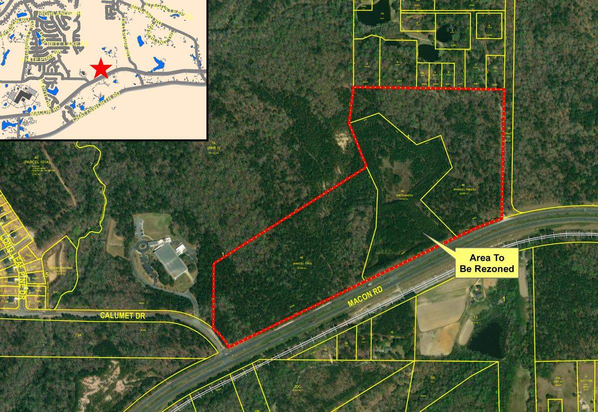 This map shows an area proposed for rezoning along Macon Road in Columbus, Georgia.