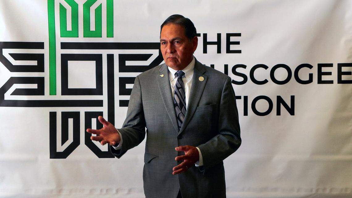Principal Chief David Hill of the Muscogee Nation speaks during a gathering at the Springer Opera House on Sept. 15, 2025, in Columbus, Georgia. Officials announced the Muscogee Nation will have a permanent office inside Columbus City Hall.