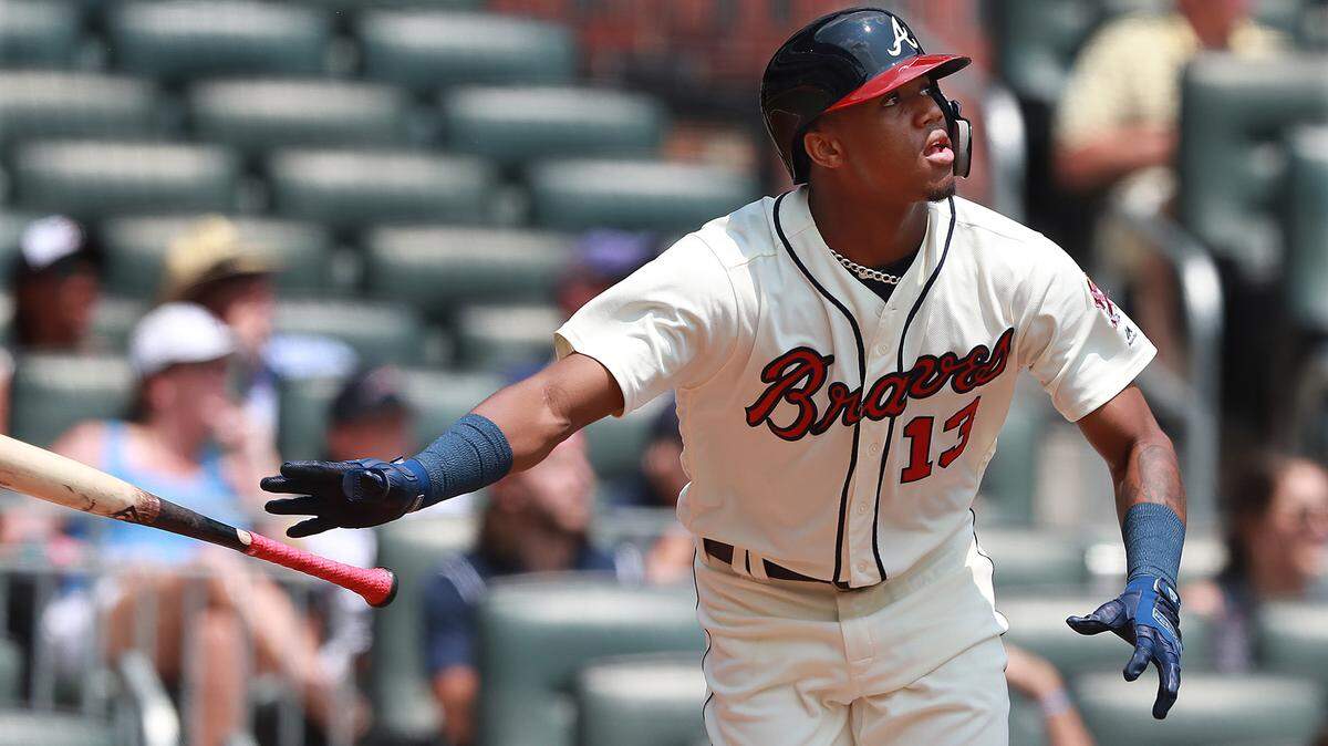 Atlanta Braves’ Ronald Acuna Jr. hits a lead-off solo home run against the Miami Marlins for a 1-0 lead during the first inning on Monday, Aug. 13, 2018, in Atlanta, Ga.