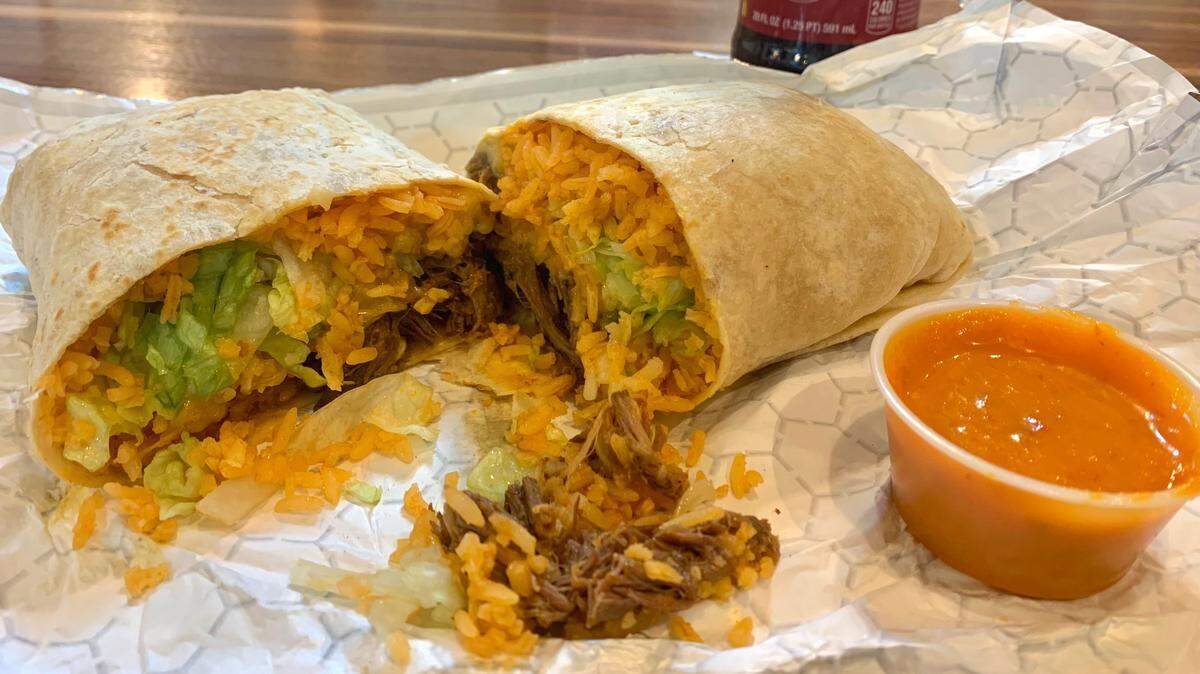 A picture of a burrito from El Primo Taqueria located in Banks Food Hall in Columbus, Ga.