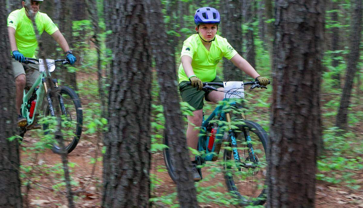 Members of the Muscogee County chapter of the Georgia Cycling Association’s Trail Rangers program practice April 6, 2026, at Standing Boy Trails in Columbus.