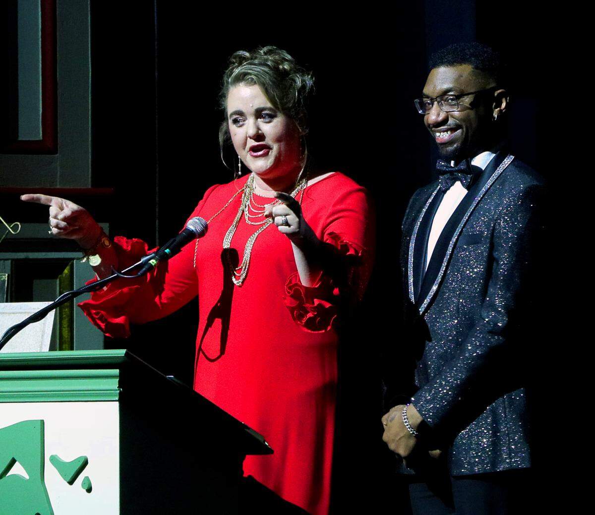 Danielle Patterson-Varner, CEO and executive producer of the Springer Opera House in Columbus, and Keith McCoy, the Springer’s artistic director, talk about the 2026-2027 season during the historic State Theater of Georgia’s 155th anniversary celebration March 12, 2026.