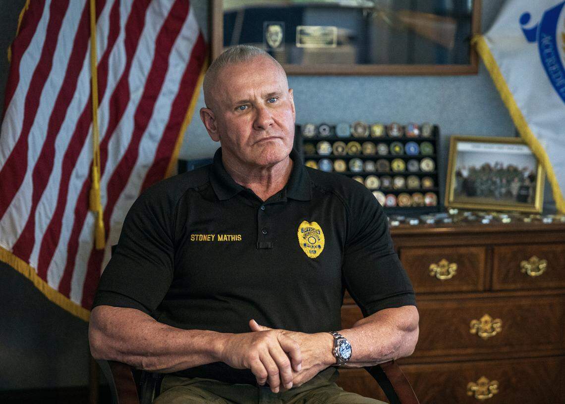 Stoney Mathis, chief of the Columbus Police Department, answers a question during an interview with Ledger-Enquirer reporter Kelby Hutchison on April 14, 2026.